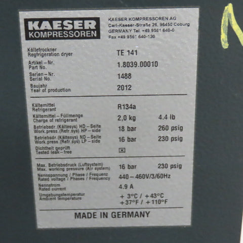 Kaeser TE141 Compressed Air Refrigerated Dryer 480V 3Ph 520CFM Tested