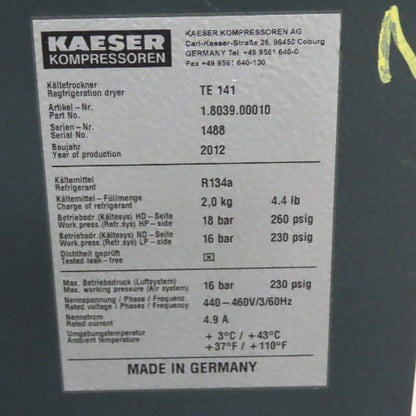Kaeser TE141 Compressed Air Refrigerated Dryer 480V 3Ph 520CFM Tested