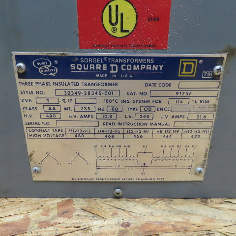 Square D 9T75F 9 KVA 3Ph Transformer 480V Pri 240V Sec Class AA Tested