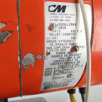 CM Lodestar Model RRS 2Ton 4000LB Electric Chain Hoist 20'Lift 16FPM 230/460 3Ph