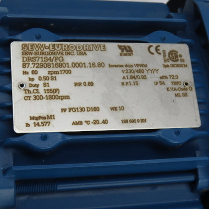 SEW-EURODRIVE DRS71S4/FG 1/2HP AC Electric Motor 230/460V 3Ph 1700RPM