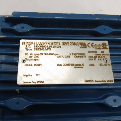 SEW-Eurodrive DRE90L4/FG 2HP AC Electric Motor 230/460V 3Ph 90L Frame Tested