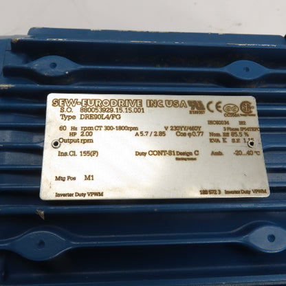 SEW-Eurodrive DRE90L4/FG 2HP AC Electric Motor 230/460V 3Ph 90L Frame Tested