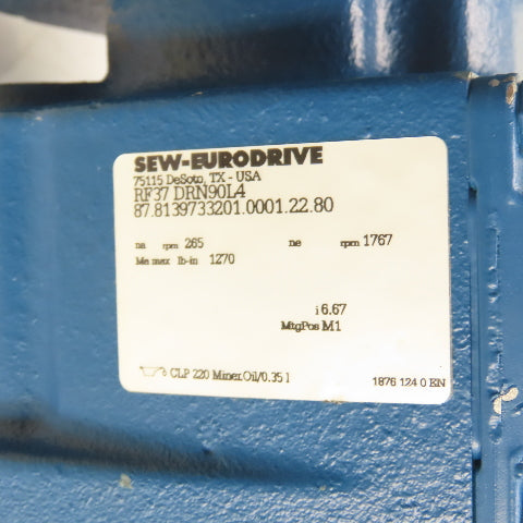 SEW-EURODRIVE RF37 DRN90L4 2HP AC Gearmotor 230/460V 3Ph 265RPM 6.67:1 Ratio