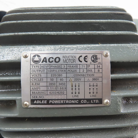 Adlee Powertronic AEVF 1/2HP Induction Motor 220/380V 2850/3450RPM 3Ph 71 Fr.
