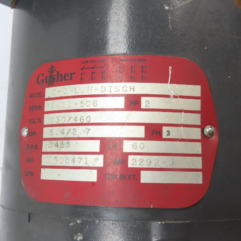 Gusher 2-C-L.H-DISCH 2HP Coolant Pump 230/460V 3Ph Tested 2292-J Impeller