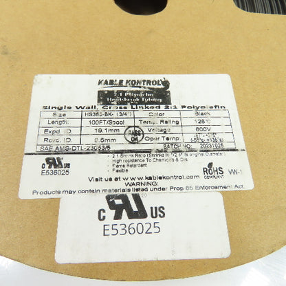 Kable Control HS365-BK Single Wall 2:1 Polyolefin Heat Shrink Tubing Roll 2+lbs