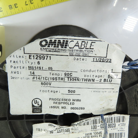 OmniCable M514ST-05 14AWG THHN/THWN-2 Stranded Copper Wire Blue/White 600V 250'