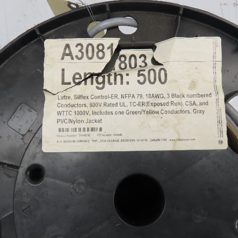 Lutze A3081803 18AWG 3-Conductor Flexible Control Cable 600V 330'