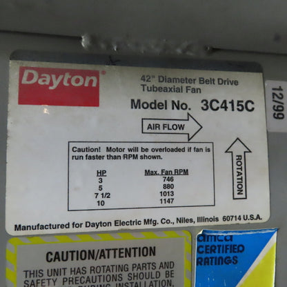 Dayton 3C415C 42" Belt Drive Tubeaxial Fan 7-1/2Hp 230/460V 50/60Hz Tested