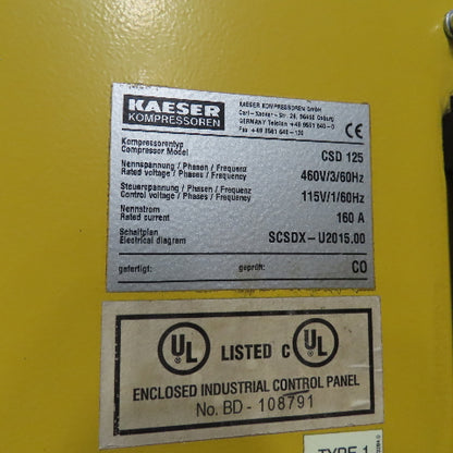 Kaeser CSD 125 125Hp 480V Rotary Screw Air Compressor 565CFM Tested