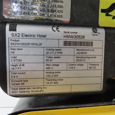 R&M Spacemaster 2 Ton Wire Rope Hoist 10' Lift 20/3.3FPM 460V W/ Power Trolley