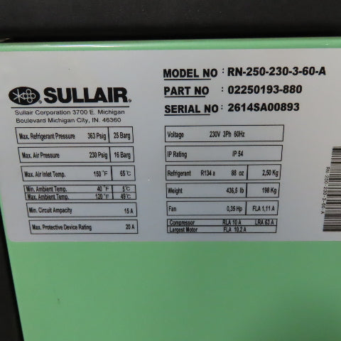 Sullair RN-250-230-3-60-A Refrigerated Compressed Air Dryer 230V 3Ph 250CFM