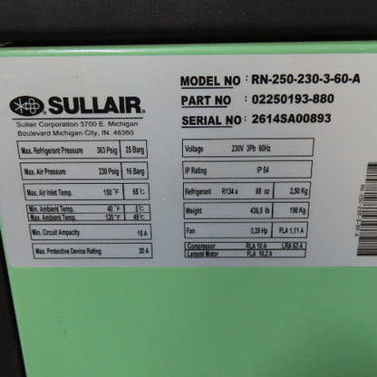 Sullair RN-250-230-3-60-A Refrigerated Compressed Air Dryer 230V 3Ph 250CFM