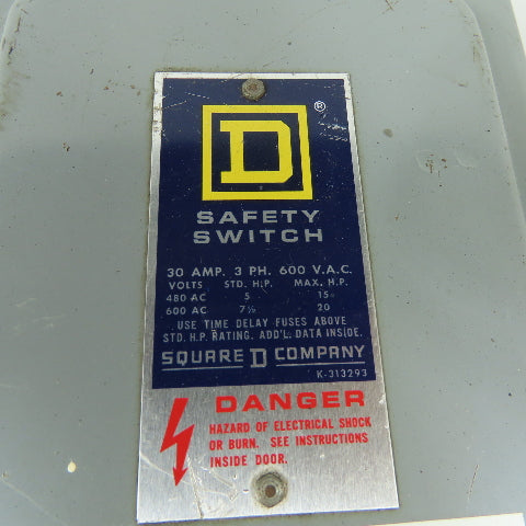 Square D H361 30A 3-Pole Fusible Safety Disconnect Switch 600V 3Ph