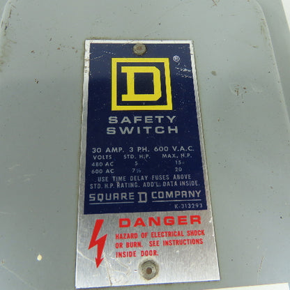 Square D H361 30A 3-Pole Fusible Safety Disconnect Switch 600V 3Ph