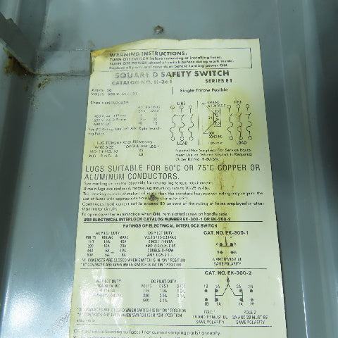 Square D H361 30A 3-Pole Fusible Safety Disconnect Switch 600V 3Ph