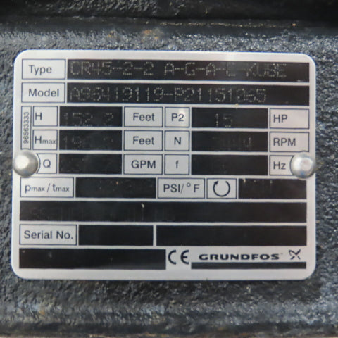 Grundfos CR45-2-2 A-G-A-E-KUBE 15HP Multistage Centrifugal Pump 3Ph 231.7GPM