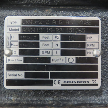 Grundfos CR45-2-2 A-G-A-E-KUBE 15HP Multistage Centrifugal Pump 3Ph 231.7GPM