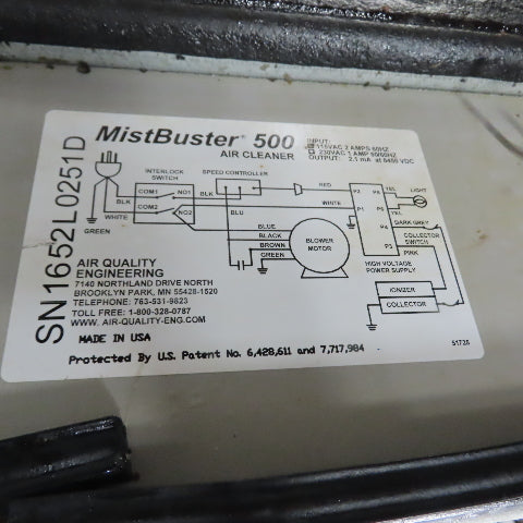 Air Quality Engineering MistBuster 500 Mist Collector Air Cleaner 115VAC 2A