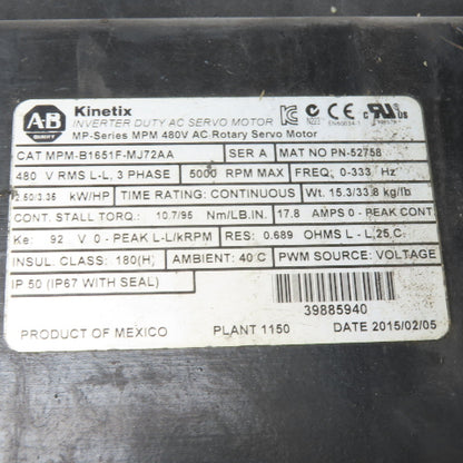 Allen-Bradley MPM-B1651F-MJ72AA Kinetix AC Rotary Servo Motor 480V 3Ph 5000RPM