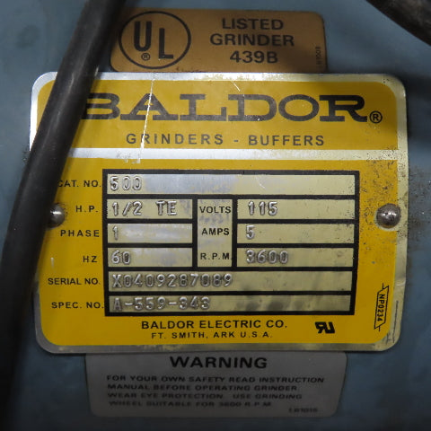 Baldor 500 1/2HP 6" Pedestal Bench Carbide Tool Grinder Buffer 115V 1Ph 3600RPM