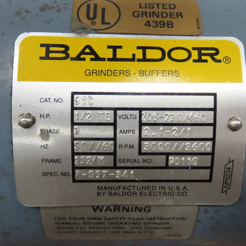 Baldor 510 6" Pedestal Bench Carbide Tool Grinder Buffer 230/460V 3600RPM