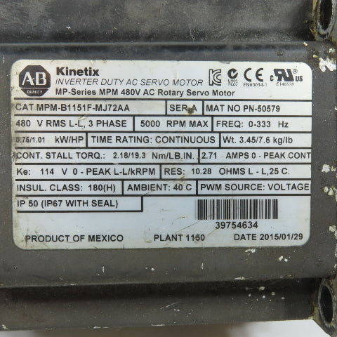 Allen-Bradley PN-50579 MPM-B1151F-MJ72AA AC Servo Motor 480V 5000RPM MAX