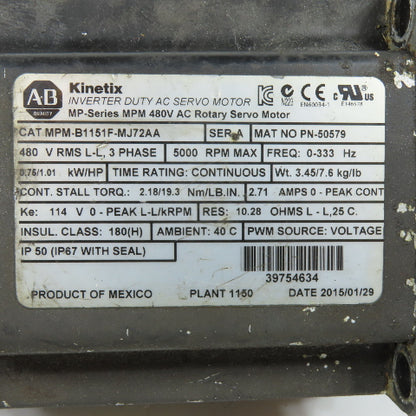 Allen-Bradley PN-50579 MPM-B1151F-MJ72AA AC Servo Motor 480V 5000RPM MAX
