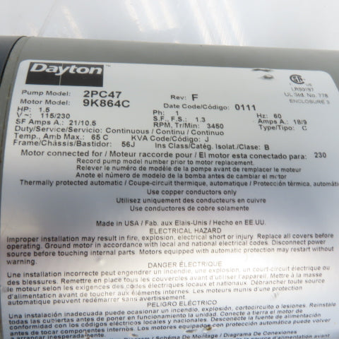 Dayton 9K864C 2PC47 1.5HP Multi-Stage Booster Pump 115/230V 1Ph 3450RPM