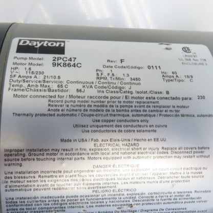 Dayton 9K864C 2PC47 1.5HP Multi-Stage Booster Pump 115/230V 1Ph 3450RPM