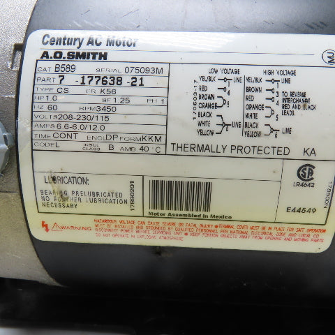Century 177638-21 B589 1HP AC Electric Motor 208-230/115V 1Ph K56 Frame 3450RPM