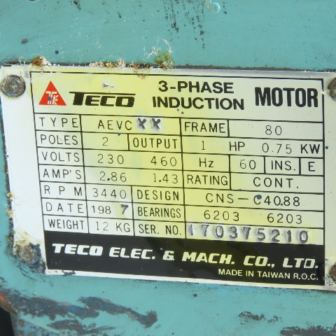 Teco AEVCXX 1HP 3-Phase Induction Motor 230/460V 3440RPM 80 Frame
