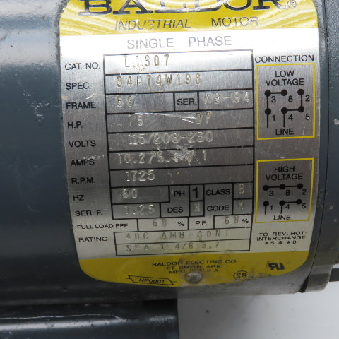 Baldor 34F74W198 L1307 3/4HP Electric Motor 115/208-230V 1Ph 56 Frame 1725RPM