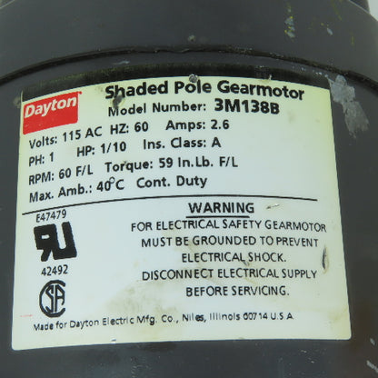 Dayton 3M138B 1/10HP Shaded Pole Gearmotor 115V 1Ph 60RPM