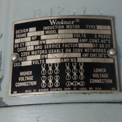 Wagner 8J2676 2291380J990 1.5HP Induction Motor 220/440V 3Ph 224 Frame 1160RPM