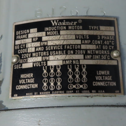 Wagner 8J2676 2291380J990 1.5HP Induction Motor 220/440V 3Ph 224 Frame 1160RPM