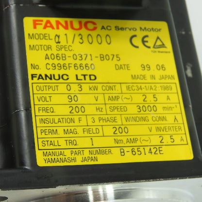 Fanuc A06B-0371-B075 AC Servo Motor 0.3kW 90V 2.5A 3000RPM 3Ph 200Hz