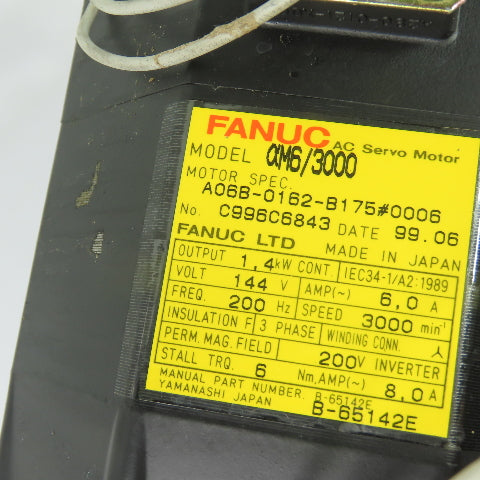 Fanuc aM6/3000 A06B-0162-B175#0006 AC Servo Motor 144V 3Ph 3000 RPM 6A 200Hz