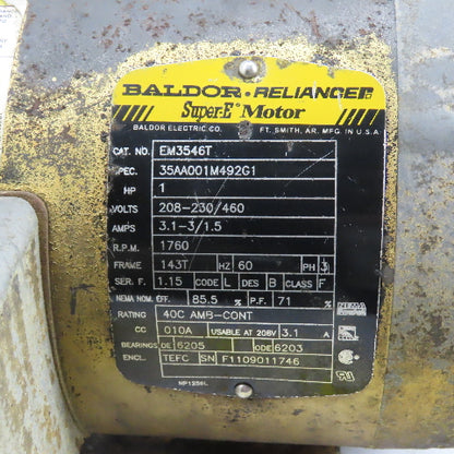Baldor EM3546T 1HP Electric Motor 208-230/460V 1760RPM 3Ph 143T Frame