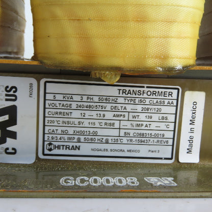 Hitran XH0013-00 5kVA 3Ph Isolation Transformer 240/480/575V to 208Y/120V