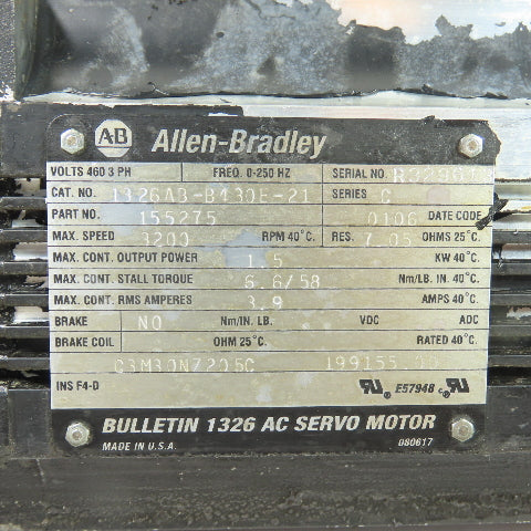 Allen-Bradley 155275 1326AB-B430E-21 1.5kW AC Servo Motor 460V 3Ph 3200RPM
