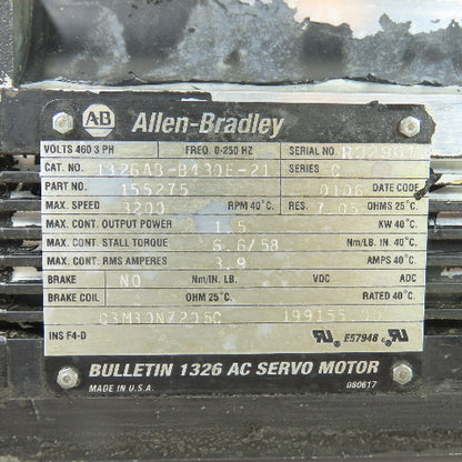 Allen-Bradley 155275 1326AB-B430E-21 1.5kW AC Servo Motor 460V 3Ph 3200RPM