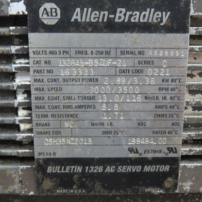 Allen-Bradley 163333 1326AB-B520F-21 3.36kW AC Servo Motor 460V 3Ph 3500RPM