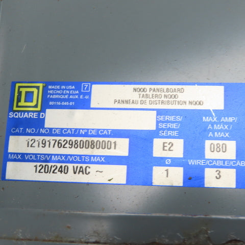 Square D MHC41S NQOD Panelboard Load Center 120/240VAC 80A Main