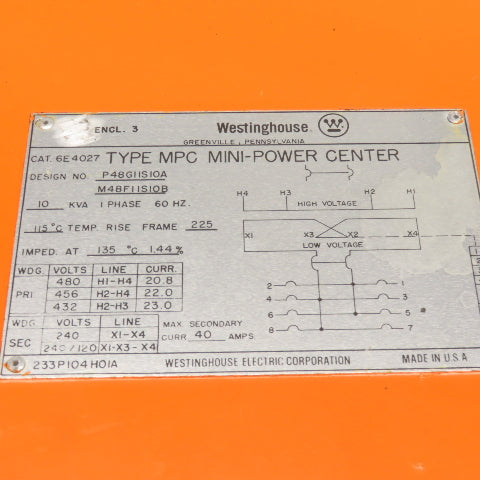 Westinghouse 6E4027 10KVA 1Ph Transformer Mini-Power Center 480V to 240/120V