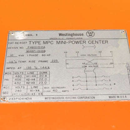 Westinghouse 6E4027 10KVA 1Ph Transformer Mini-Power Center 480V to 240/120V
