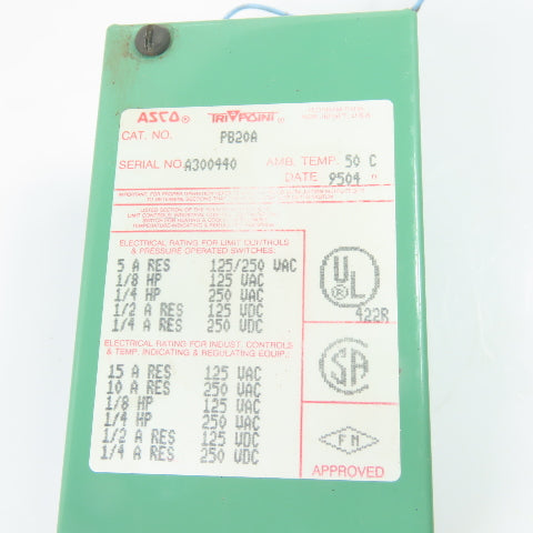 ASCO PB20A Adjustable Pressure Switch 2-18 PSI 125/250VAC W/ RD20A11 Transducer