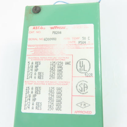 ASCO PB20A Adjustable Pressure Switch 2-18 PSI 125/250VAC W/ RD20A11 Transducer