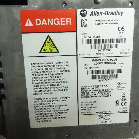 Allen-Bradley 2711P-RP8A PanelView Plus 1000 Color Touch Display 100-240VAC